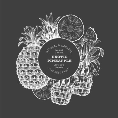 El çizimi ananas pankartı. Tebeşir tahtasında organik taze meyve vektör çizimi. Botanik tasarım şablonu.