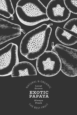 El çizimi papaya afişi. Tebeşir tahtasında organik taze meyve vektör çizimi. Retro meyve tasarım şablonu