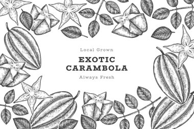 Elle çizilmiş eskiz tarzı Carambola afişi. Organik taze meyve vektörü çizimi. Retro meyve tasarım şablonu