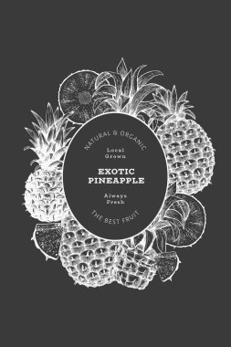El çizimi ananas pankartı. Tebeşir tahtasında organik taze meyve vektör çizimi. Botanik tasarım şablonu.