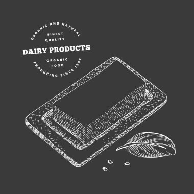 El yapımı taslak tereyağı. Tebeşirle izole edilmiş organik taze gıda vektör çizimi. Retro süt ürünü illüstrasyonu. Kabartma biçimli kırsal resim.