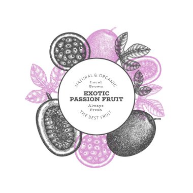 Elle çizilmiş eskiz tarzı tutku meyveli pankart. Organik taze meyve vektörü çizimi. Retro egzotik meyve tasarım şablonu