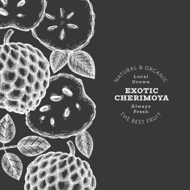 El yapımı çizim stili Cherimoya afişi. Tebeşir tahtasında organik taze meyve vektör çizimi. Botanik tasarım şablonu.