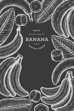 Elle çizilmiş muz pankartı. Tebeşir tahtasında organik taze meyve vektör çizimi. Retro egzotik meyve tasarım şablonu
