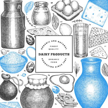 Çiftlik gıda tasarım şablonu. El çizimi vektör sütçü çizimi. İşlenmiş stil farklı süt ürünleri ve yumurta pankartları. Retro gıda arka planı.