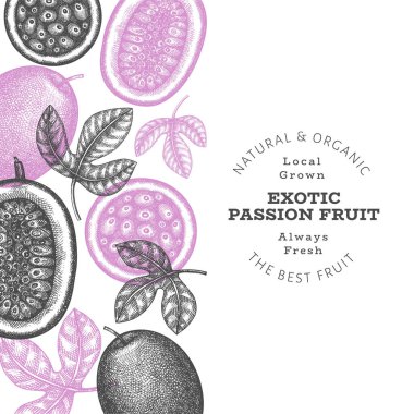 Elle çizilmiş eskiz tarzı tutku meyveli pankart. Organik taze meyve vektörü çizimi. Retro egzotik meyve tasarım şablonu