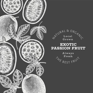 Elle çizilmiş eskiz tarzı tutku meyveli pankart. Tebeşir tahtasında organik taze meyve vektör çizimi. Retro egzotik maracuya tasarım şablonu