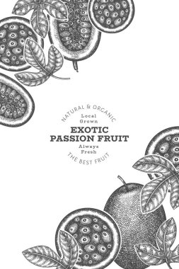 Elle çizilmiş eskiz tarzı tutku meyveli pankart. Organik taze meyve vektörü çizimi. Retro egzotik meyve tasarım şablonu