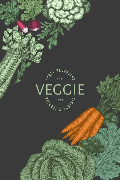 Рука Намальована Вінтажним Дизайном Овочів Векторний Шаблон Органічної Свіжої Їжі — стоковий вектор
