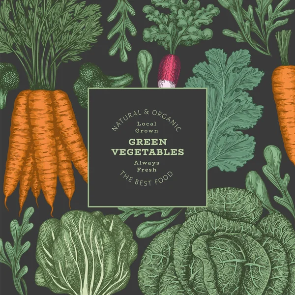 Handritad Vintage Färg Grönsaker Design Mall För Ekologisk Vektor För — Stock vektor
