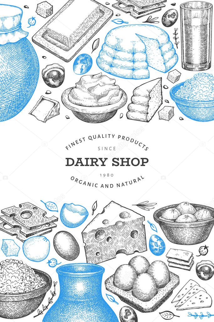 Farm food design template. Hand drawn vector dairy illustration. Engraved style different milk products and eggs banner. Retro food background.