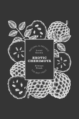 El yapımı çizim stili Cherimoya afişi. Tebeşir tahtasında organik taze meyve vektör çizimi. Botanik tasarım şablonu.