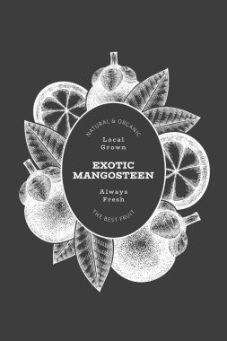 El çizimi mangosteen tasarım şablonu. Tebeşir tahtasında organik taze gıda vektör çizimi. Retro meyve pankartı.