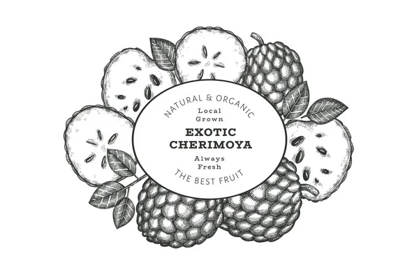 El yapımı çizim stili Cherimoya afişi. Organik taze meyve vektörü çizimi. İşlenmiş stil botanik tasarım şablonu.
