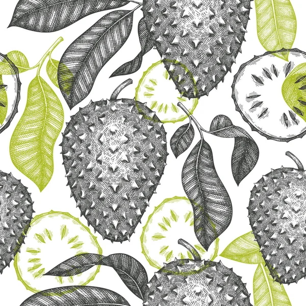 Dibujo Dibujado Mano Estilo Soursop Fruta Patrón Sin Costuras Ilustración — Archivo Imágenes Vectoriales