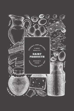 Çiftlik gıda tasarım şablonu. Tebeşir tahtasında elle çizilmiş vektör mandırası çizimi. İşlenmiş stil farklı süt ürünleri ve yumurta pankartları. Retro gıda arka planı.