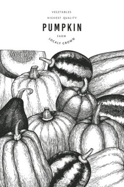 Kabak rengi tasarım şablonu. Vektör el çizimleri. Balkabağı hasadıyla geçmişe dönük Şükran Günü arkaplanı. Sonbahar arkaplanı.