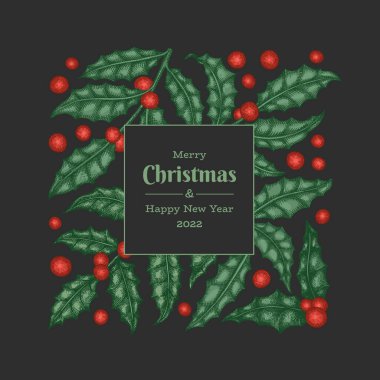 Noel el çizimi vektör tebrik kartı tasarımı şablonu. Klasik botanik çizimi. Kış bitkileri Xmas bayrağı.