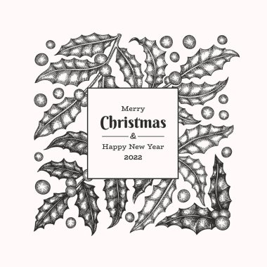 Noel el çizimi vektör tebrik kartı tasarımı şablonu. Klasik botanik çizimi. Kış bitkileri Xmas bayrağı.