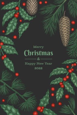 Noel el çizimi vektör tebrik kartı tasarımı şablonu. Klasik botanik çizimi. Kış bitkileri Xmas bayrağı.