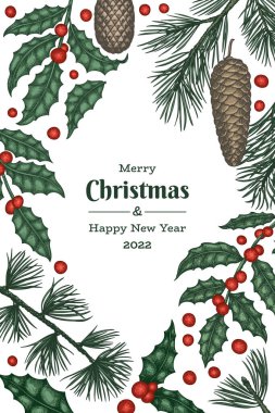 Noel el çizimi vektör tebrik kartı tasarımı şablonu. Klasik botanik çizimi. Kış bitkileri Xmas bayrağı.