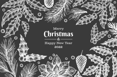 Noel el çizimi vektör tebrik kartı tasarımı şablonu. Tebeşir tahtasında klasik botanik çizimi. Kış bitkileri Xmas bayrağı.