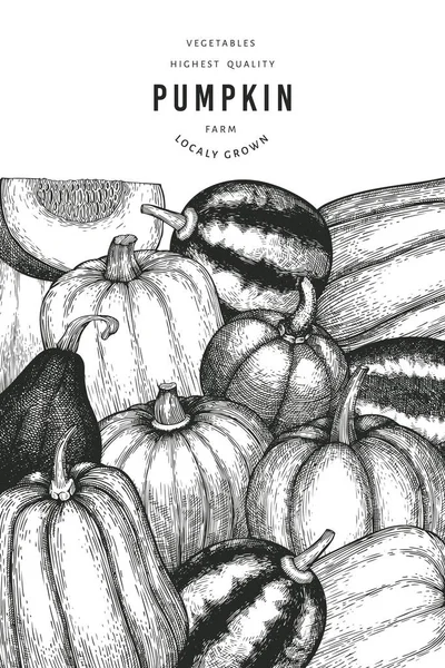 Kabak rengi tasarım şablonu. Vektör el çizimleri. Balkabağı hasadıyla geçmişe dönük Şükran Günü arkaplanı. Sonbahar arkaplanı.