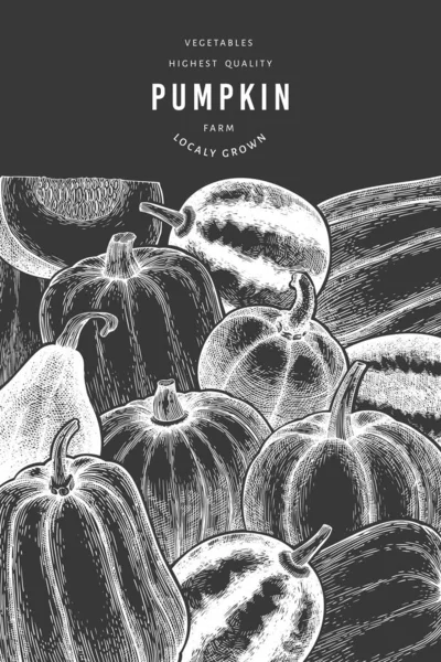 Balkabağı tasarım şablonu. Tebeşir tahtasında vektör el çizimleri. Balkabağı hasadıyla geçmişe dönük Şükran Günü arkaplanı. Sonbahar arkaplanı.