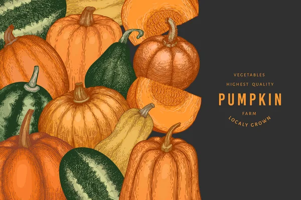 Kabak rengi tasarım şablonu. Vektör el çizimleri. Balkabağı hasadıyla geçmişe dönük Şükran Günü arkaplanı. Sonbahar arkaplanı.