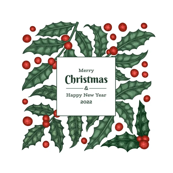 Noel el çizimi vektör tebrik kartı tasarımı şablonu. Klasik botanik çizimi. Kış bitkileri Xmas bayrağı.