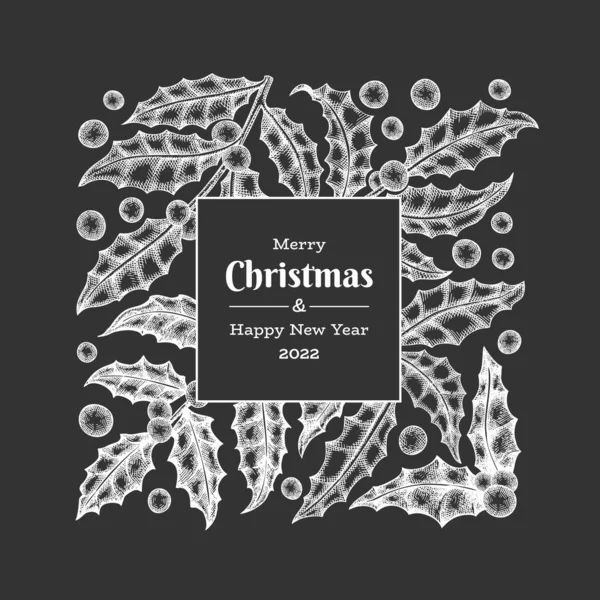 Noel el çizimi vektör tebrik kartı tasarımı şablonu. Tebeşir tahtasında klasik botanik çizimi. Kış bitkileri Xmas bayrağı.