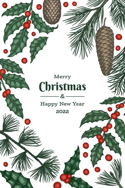 Noel el çizimi vektör tebrik kartı tasarımı şablonu. Klasik botanik çizimi. Kış bitkileri Xmas bayrağı.