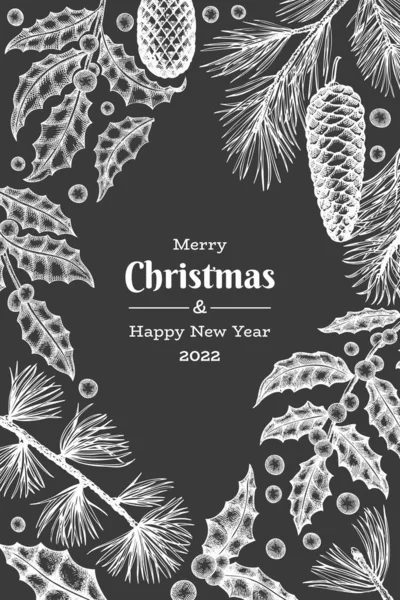 Noel el çizimi vektör tebrik kartı tasarımı şablonu. Tebeşir tahtasında klasik botanik çizimi. Kış bitkileri Xmas bayrağı.