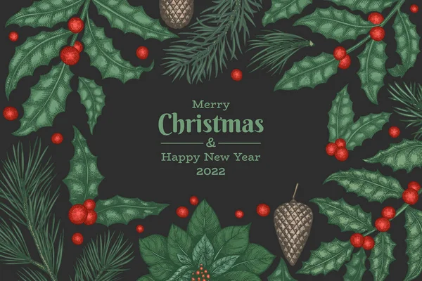 Noel el çizimi vektör tebrik kartı tasarımı şablonu. Klasik botanik çizimi. Kış bitkileri Xmas bayrağı.