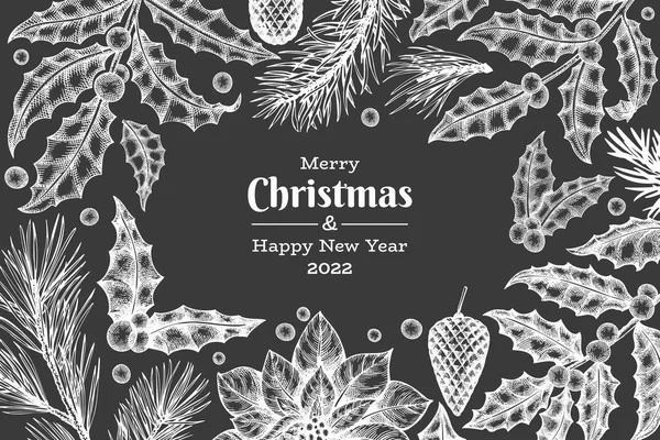 Noel el çizimi vektör tebrik kartı tasarımı şablonu. Tebeşir tahtasında klasik botanik çizimi. Kış bitkileri Xmas bayrağı.