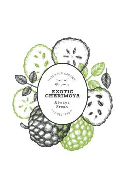 El yapımı çizim stili Cherimoya afişi. Organik taze meyve vektörü çizimi. İşlenmiş stil botanik tasarım şablonu.