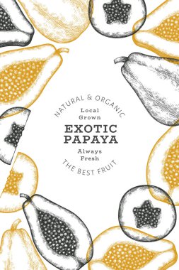 El çizimi papaya afişi. Organik taze meyve vektörü çizimi. Retro meyve tasarım şablonu