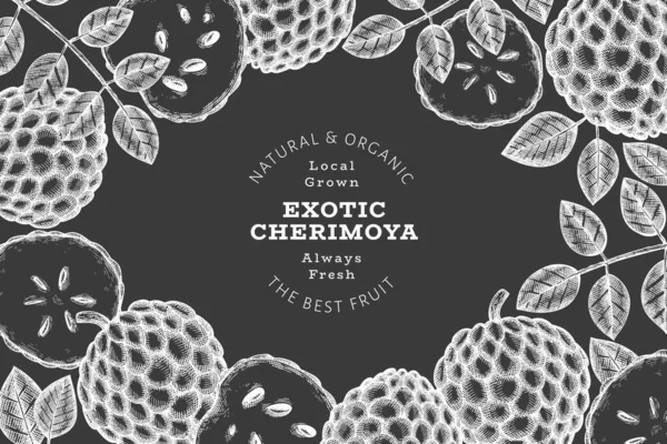 El yapımı çizim stili Cherimoya afişi. Tebeşir tahtasında organik taze meyve vektör çizimi. Botanik tasarım şablonu.