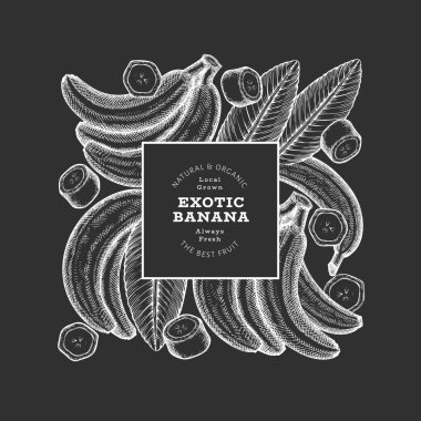 Elle çizilmiş muz pankartı. Tebeşir tahtasında organik taze meyve vektör çizimi. Retro egzotik meyve tasarım şablonu