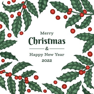 Noel el çizimi vektör tebrik kartı tasarımı şablonu. Klasik botanik çizimi. Kış bitkileri Xmas bayrağı.