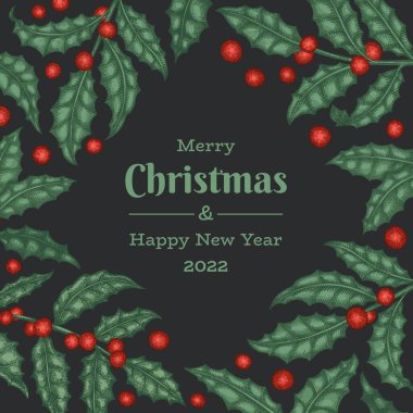 Noel el çizimi vektör tebrik kartı tasarımı şablonu. Klasik botanik çizimi. Kış bitkileri Xmas bayrağı.