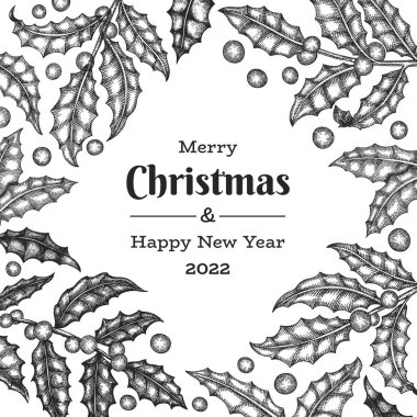 Noel el çizimi vektör tebrik kartı tasarımı şablonu. Klasik botanik çizimi. Kış bitkileri Xmas bayrağı.