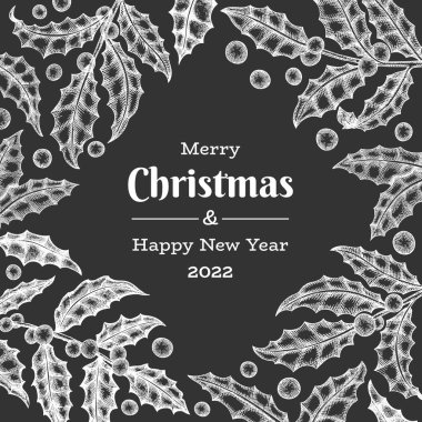 Noel el çizimi vektör tebrik kartı tasarımı şablonu. Tebeşir tahtasında klasik botanik çizimi. Kış bitkileri Xmas bayrağı.