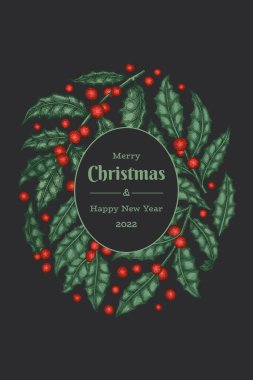 Noel el çizimi vektör tebrik kartı tasarımı şablonu. Klasik botanik çizimi. Kış bitkileri Xmas bayrağı.