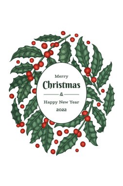 Noel el çizimi vektör tebrik kartı tasarımı şablonu. Klasik botanik çizimi. Kış bitkileri Xmas bayrağı.