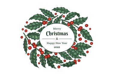 Noel el çizimi vektör tebrik kartı tasarımı şablonu. Klasik botanik çizimi. Kış bitkileri Xmas bayrağı.