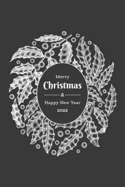 Noel el çizimi vektör tebrik kartı tasarımı şablonu. Tebeşir tahtasında klasik botanik çizimi. Kış bitkileri Xmas bayrağı.