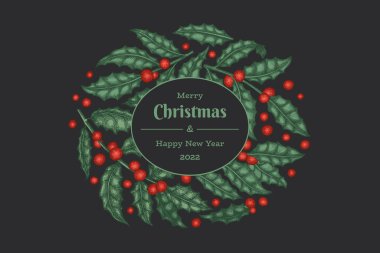 Noel el çizimi vektör tebrik kartı tasarımı şablonu. Klasik botanik çizimi. Kış bitkileri Xmas bayrağı.