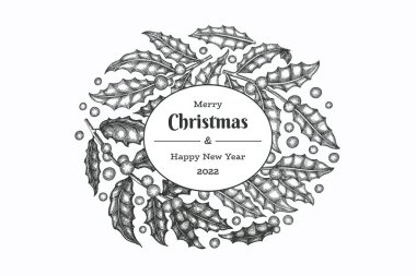 Noel el çizimi vektör tebrik kartı tasarımı şablonu. Klasik botanik çizimi. Kış bitkileri Xmas bayrağı.