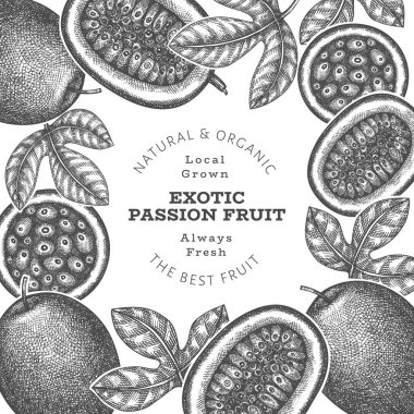 Elle çizilmiş eskiz tarzı tutku meyveli pankart. Organik taze meyve vektörü çizimi. Retro egzotik meyve tasarım şablonu